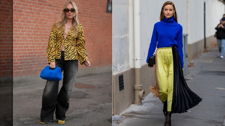 Una invitada con una chaqueta con estampado de tigre amarillo y negro, jeans negros y un bolso azul cobalto durante la Semana de la Moda de Copenhague en agosto de 2026 / Victoria Magrath viste un suéter de cuello alto azul cobalto y una falda plisada amarilla durante la Semana de la Moda de París en septiembre de 2023