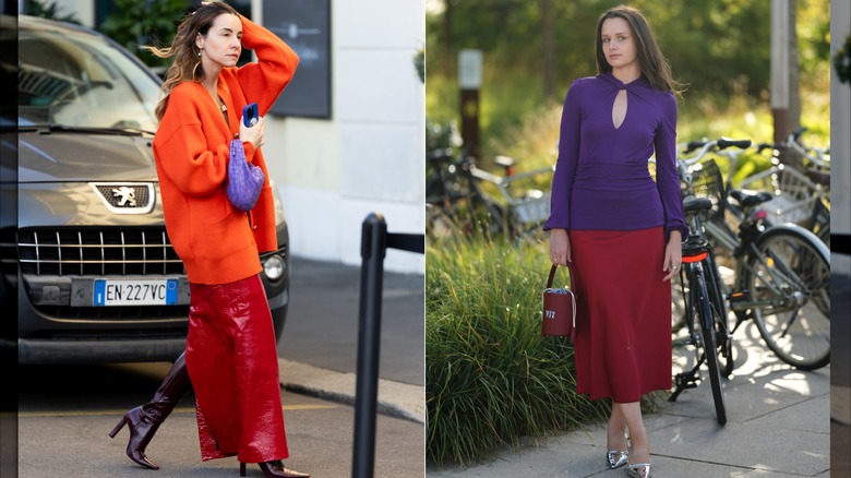Un transeúnte con un suéter naranja, una falda larga roja, botas moradas y un bolso morado durante la Semana del Diseño de Milán en abril de 2026 / Una invitada con una blusa morada y una falda midi burdeos durante la Semana de la Moda de Copenhague en julio de 2026