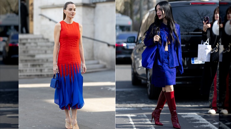 Cleopatra zu Oettingen-Spielberg con un vestido rojo y azul cobalto sin mangas durante la Semana de la Moda de París en marzo de 2026 / Heart Evangelista con una camisa y falda de gamuza azul cobalto con botas rojas hasta la rodilla durante la Semana de la Moda de París en marzo de 2026