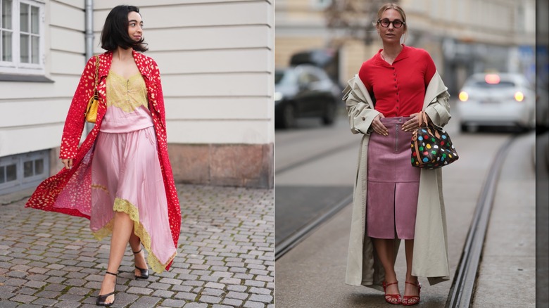 Una invitada con una camiseta de encaje rosa y una falda a juego con un abrigo rojo durante la Semana de la Moda de Copenhague en agosto de 2026 / Karin Teigl con un polo rojo, una falda midi rosa y una gabardina en Viena, Austria, en marzo de 2026