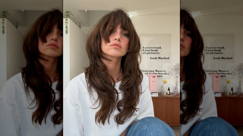 Una persona con un corte largo y ondulado de pelo moreno.