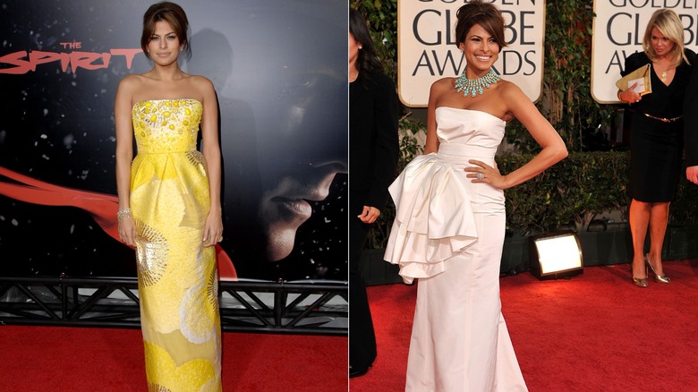 Eva Mendes con un vestido amarillo sin tirantes en la alfombra roja de 2008 a la izquierda y en los Globos de Oro con un vestido blanco sin tirantes en 2009 a la derecha.