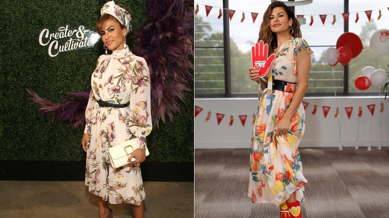 Eva Mendes con un vestido floral con pañuelo en la cabeza y cinturón negro a juego en 2020 a la izquierda y con un vestido floral fluido en 2022 a la derecha.