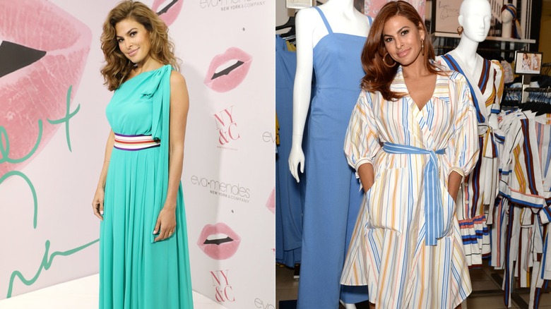 Eva Mendes con un vestido aguamarina con escote asimétrico en 2017 a la izquierda y con un vestido cruzado a rayas en 2019 a la derecha.