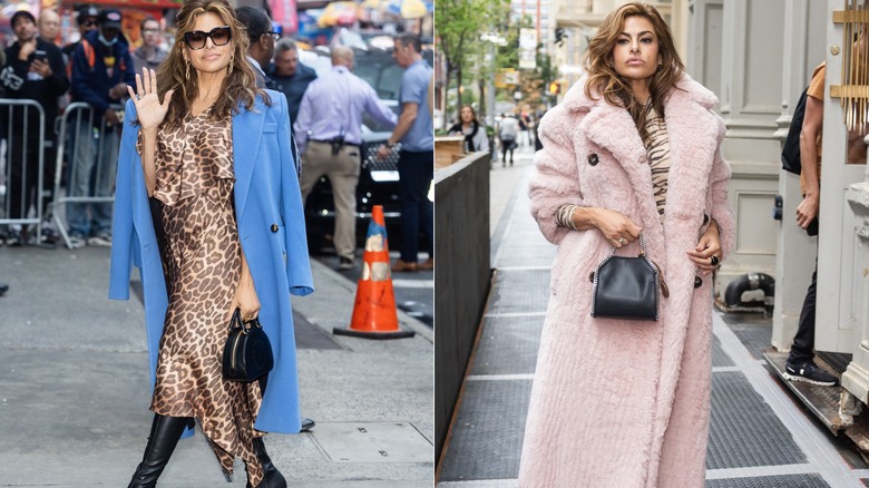 Eva Mendes con un vestido sedoso con estampado de leopardo con un abrigo azul a la izquierda y un abrigo rosa largo y esponjoso a la derecha.