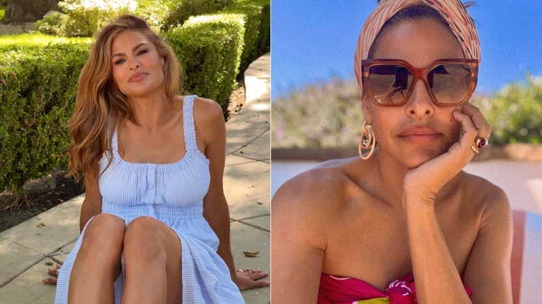 Eva Mendes con un vestido azul informal a la izquierda y posando con grandes gafas de sol, un pañuelo en la cabeza y aretes dorados a la derecha.