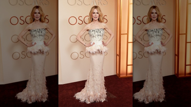 Nicole Kidman con un vestido palabra de honor de color rubor emplumado