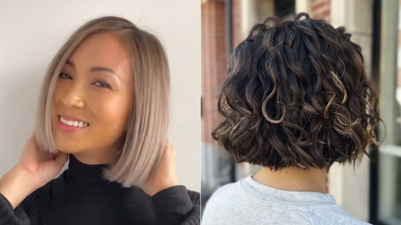 Una mujer con un bob contundente recto (L) y una mujer con un bob contundente ondulado (R)