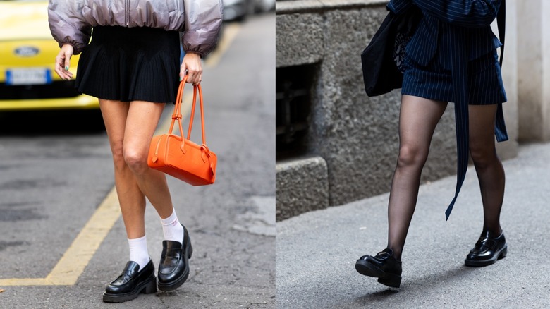 Una mujer con falda y mocasines con suela de tacos a la izquierda y una mujer con mallas y mocasines con suela de tacos a la derecha.