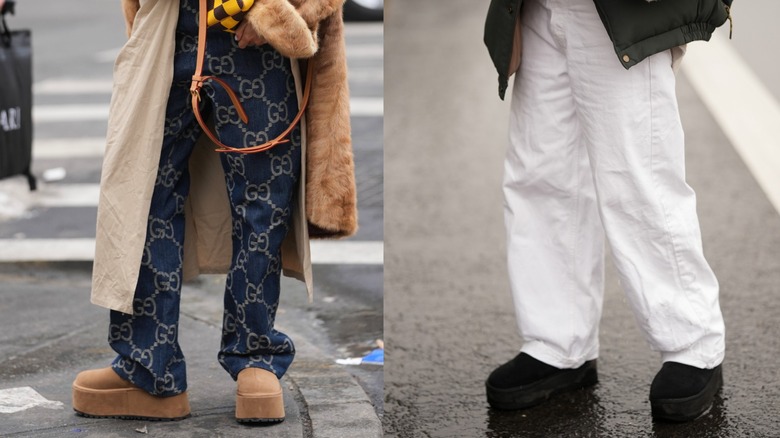 Una mujer con botas UGG de plataforma marrones a la izquierda y una mujer con botas UGG de plataforma negras a la derecha