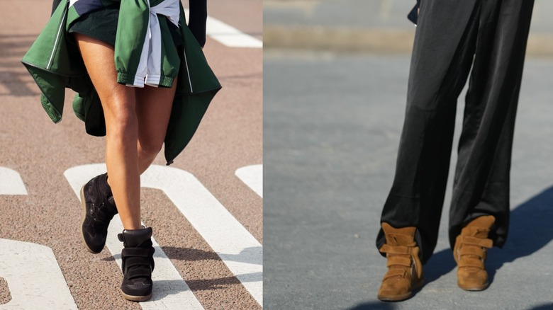 Una mujer con zapatillas de deporte con cuñas negras a la izquierda y una mujer con zapatillas de deporte con cuñas marrones a la derecha