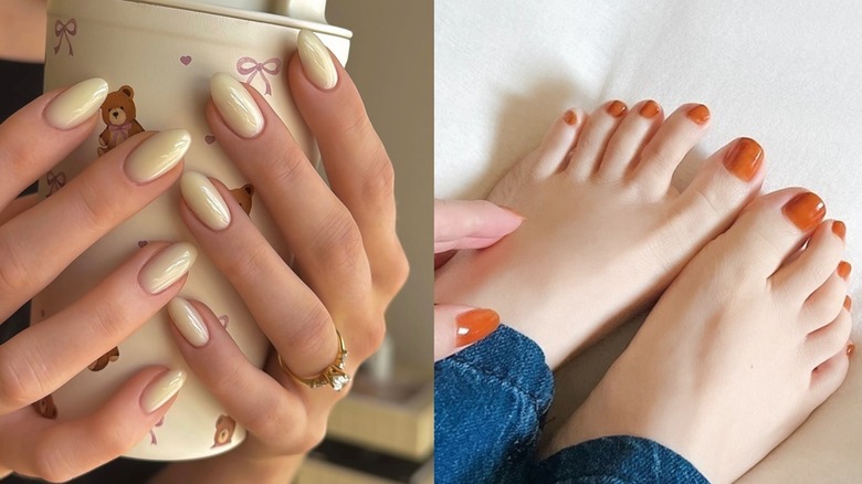 Una manicura de color amarillo pastel que se muestra a la izquierda y una pedicura de color naranja quemado que se muestra a la derecha.