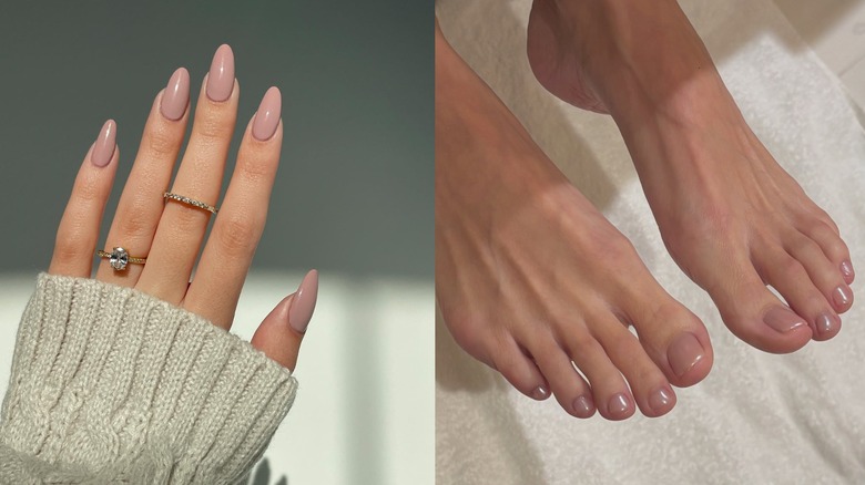 Una manicura malva en la foto de la izquierda y una pedicura malva en la foto de la derecha.