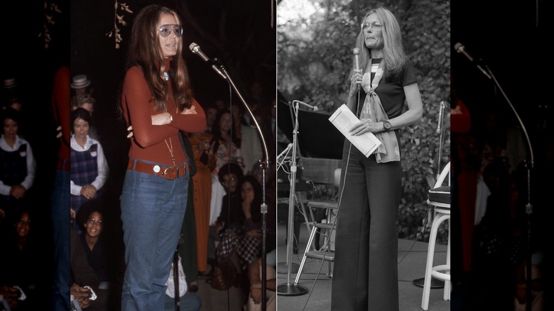 Gloria Steinem en una recaudación de fondos y manifestación para la candidata al Senado del estado de California, Catherine O'Neill, en Los Ángeles en octubre de 1972 / Gloria Steinem en un evento de la Enmienda de Igualdad de Derechos en la casa de Marlo Thomas en Beverly Hills en 1979