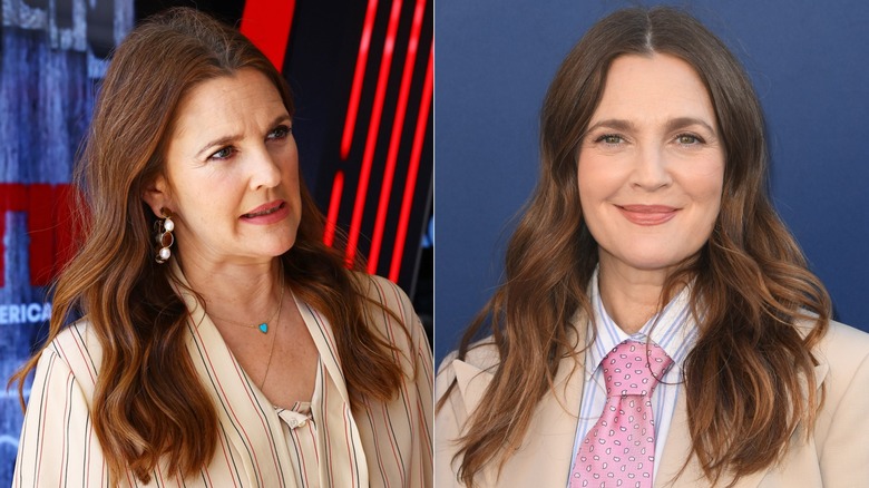 Drew Barrymore con ondas castañas de longitud media a la izquierda y vistiendo un traje con cabello ondulado en un evento a la derecha.