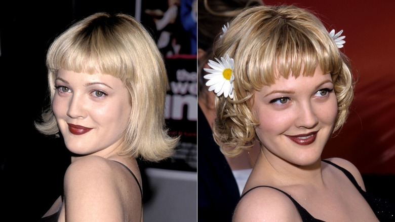 Drew Barrymore con un bob rubio volteado con flequillo de bebé a la izquierda, y con un bob de aspecto más desgreñado con flequillo y detalles de margaritas a la derecha.