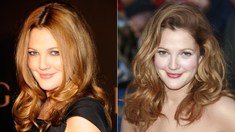Drew Barrymore con un suave reventón castaño rojizo a la izquierda y con un estilo rizado más elástico a la derecha.