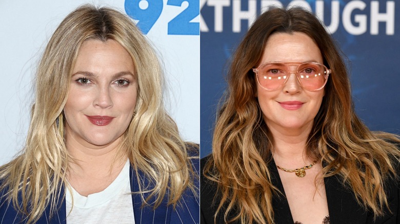 Drew Barrymore con cabello rubio claro desgreñado en un evento a la izquierda y con gafas de sol color rosa y un peinado ondulado a la derecha.