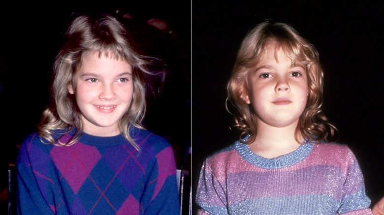 Drew Barrymore en un evento vistiendo un suéter a cuadros de 1980 a la izquierda y en la ciudad de Nueva York en 1983 vistiendo un suéter brillante a la derecha.