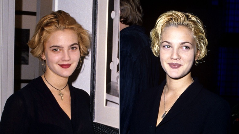 Drew Barrymore con cabello rubio corto vestido de negro y un collar de crucifijo en 1991 a la derecha y en 1992 con lápiz labial malva y un top negro a la derecha.