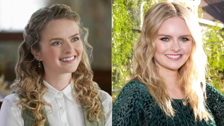 Fotos una al lado de la otra de Andrea Brooks en su personaje de When Calls the Heart (izquierda) y como ella misma (derecha)