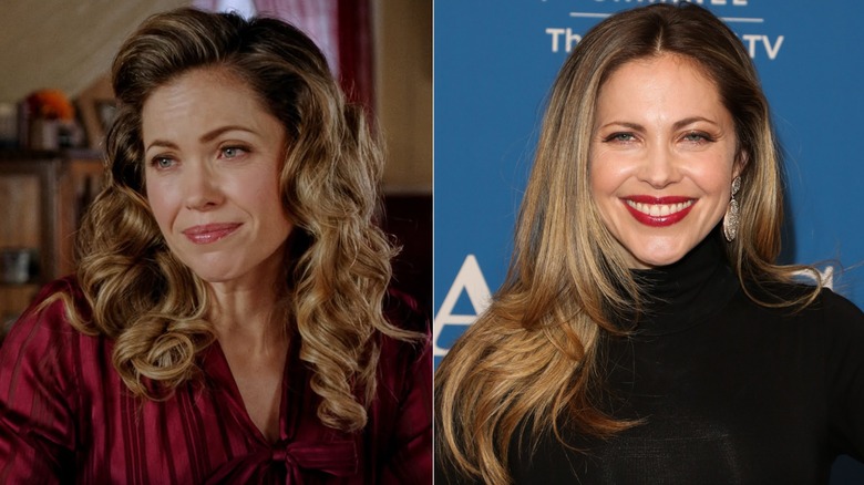 Fotos una al lado de la otra de Pascale Hutton en su personaje de When Calls the Heart (izquierda) y como ella misma en la alfombra roja (derecha)