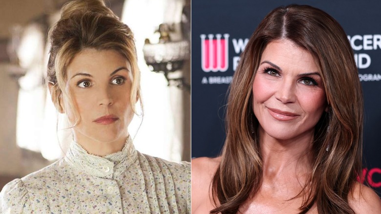 Fotos una al lado de la otra de Lori Loughlin en su personaje de When Calls the Heart (izquierda) y como ella misma en la alfombra roja (derecha)