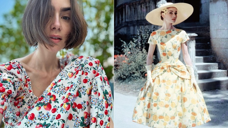 Lily Collins con un vestido de flores en 2025 y Audrey Hepburn en 1955