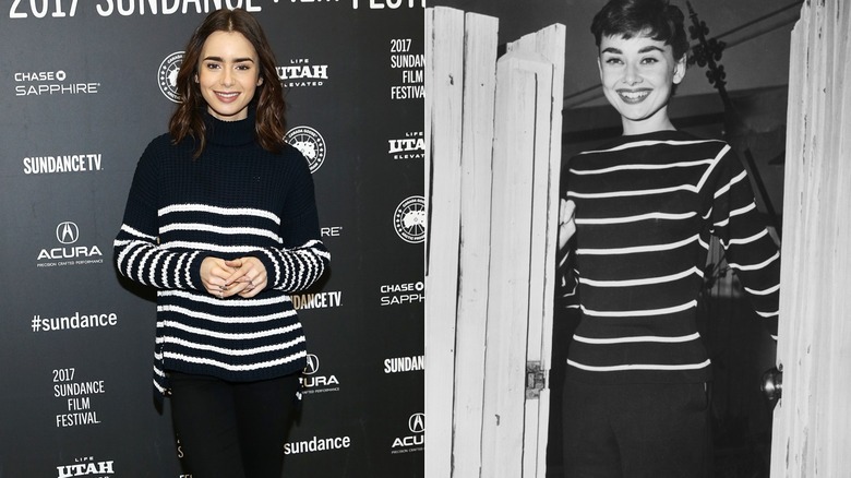Lily Collins con un suéter a rayas en 2017 y Audrey Hepburn en 1955
