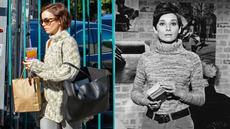 Lily Collins con un jersey de cuello alto de punto en 2016 y Audrey Hepburn en 1967