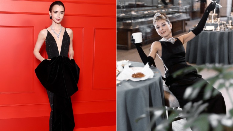 Lily Collins con un vestido negro en 2025 y Audrey Hepburn en 1961