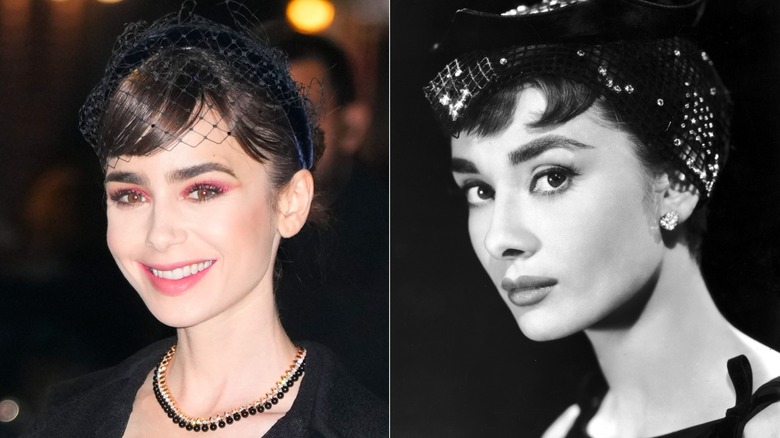 Lily Collins con un tocado y Audrey Hepburn en 1955