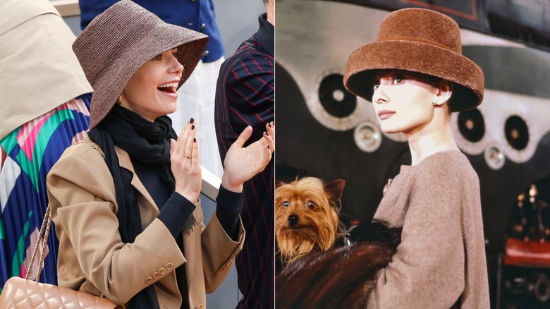 Lily Collins con sombrero de pescador en 2025 y Audrey Hepburn en 1956