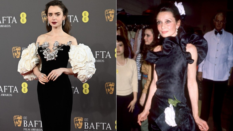 Lily Collins con un vestido negro adornado en 2024 y Audrey Hepburn en 1982