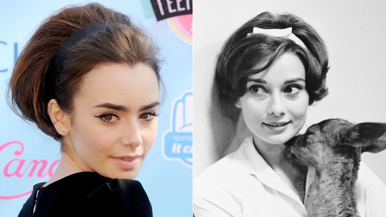 Lily Collins con diadema y Audrey Hepburn en 1958