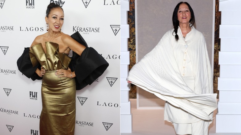 Pat Cleveland con un vestido dorado y un vestido blanco con una trenza en el pelo