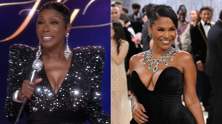 Sommore haciendo monólogos con un traje brillante y aretes a juego junto a una foto de Nia Long en la Met Gala con un vestido negro escotado y un gran collar elaborado.