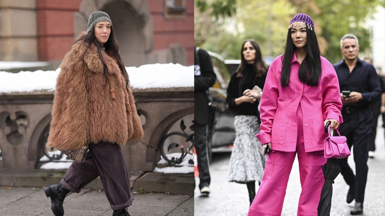 Una mujer con un vestido de abrigo de piel y un casquete gris a la izquierda y una mujer con un casquete morado y un traje rosa a la derecha.