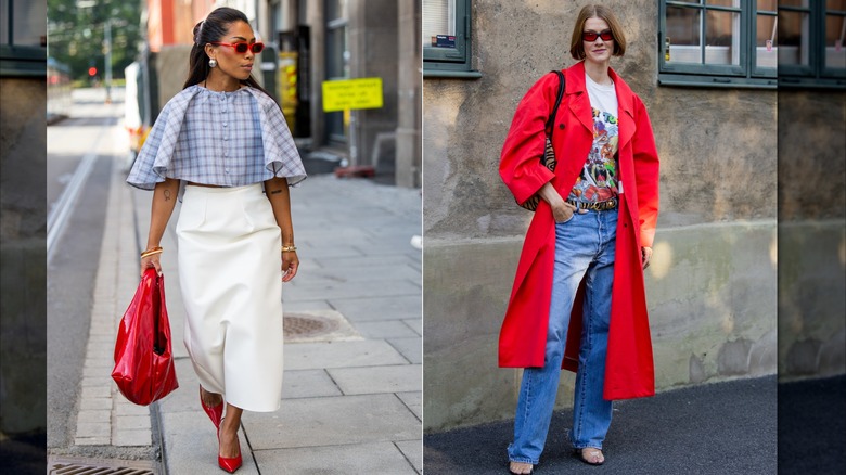 Krizza Elisabeth viste una capa corta de tartán, una falda midi color crema y accesorios rojos durante la Semana de la Moda de la Pasarela de Oslo en septiembre de 2026 / Marianne Theodorsen viste una camiseta estampada, una gabardina roja, jeans y accesorios con estampado animal durante la Semana de la Moda de Oslo en septiembre de 2026