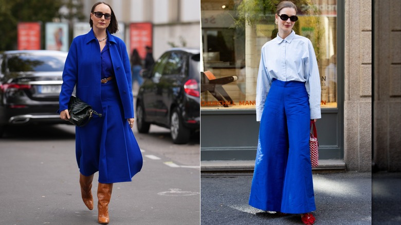 Una invitada viste un top azul cobalto y una falda midi a juego con un abrigo azul y botas color camel durante la Semana de la Moda de París en octubre de 2025. Una invitada viste una camisa abotonada azul claro y pantalones anchos azul cobalto durante la Semana del Diseño de Milán en abril de 2026.
