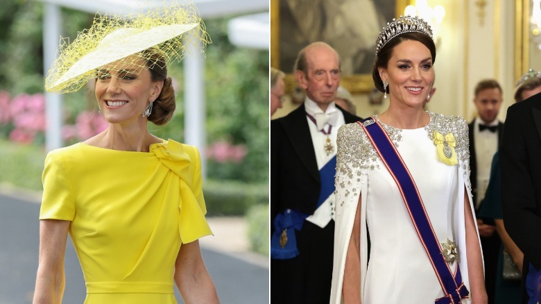 Izquierda: Kate Middleton asiste al segundo día del Royal Ascot 2026 con sombrero. Derecha: Kate Middleton con una tiara durante un banquete estatal en 2022.