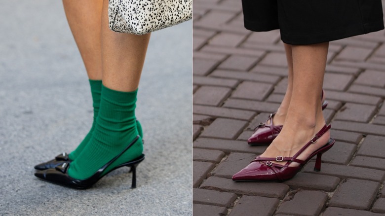 Un par de zapatos de tacón negros con calcetines verdes durante la Semana de la Moda de Oslo en septiembre de 2026 / Un par de zapatos de tacón color burdeos durante la Semana de la Moda de Ámsterdam en septiembre de 2026