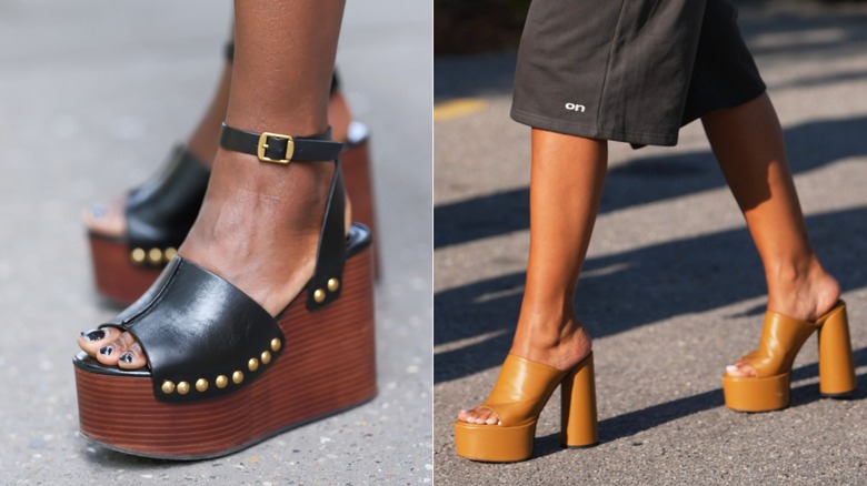 Un par de sandalias de cuña con plataforma negras y marrones en París en julio de 2026 / Un par de sandalias con plataforma y punta abierta durante la Semana de la Moda de Copenhague en agosto de 2026