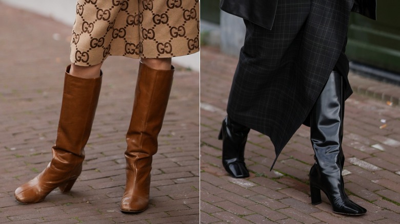 Un par de botas marrones con punta cuadrada hasta la rodilla durante la Semana de la Moda de Ámsterdam en septiembre de 2026 / Un par de botas negras con punta cuadrada hasta la rodilla durante la Semana de la Moda de Ámsterdam en septiembre de 2026