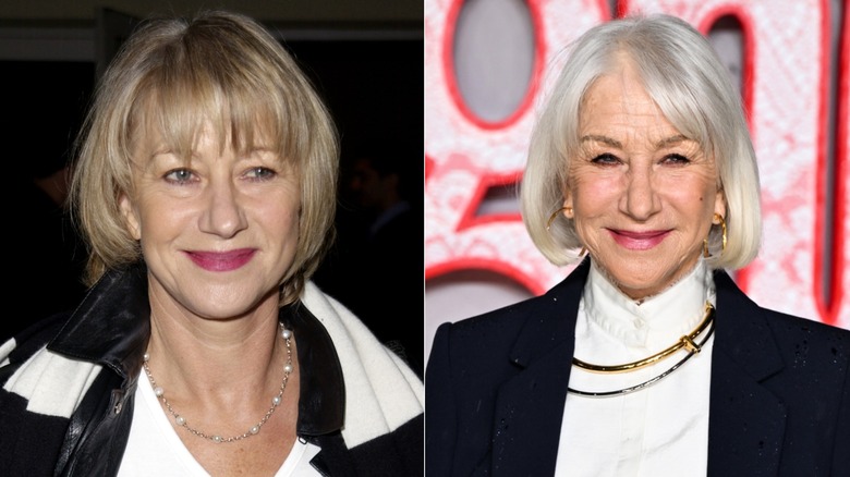 Helen Mirren con cabello rubio en 2001 y canas en 2026