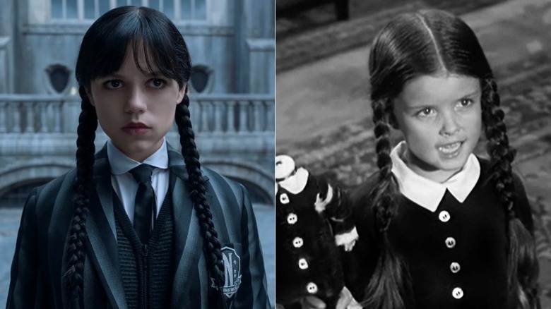 Fotografías una al lado de la otra de Jenna Ortega (izquierda) y Lisa Loring (derecha) en el personaje de Wednesday Addams.