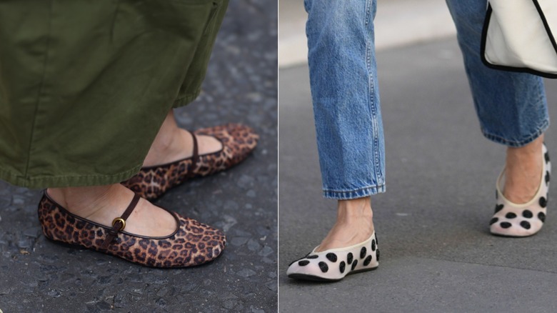 Una mujer con pantalones verdes de pernera ancha y bailarinas con estampado de leopardo y una tira superior a la izquierda y una mujer con jeans y bailarinas de lunares blancos y negros a la derecha.