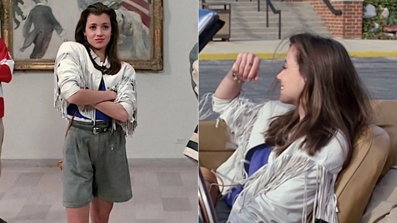 una escena de "Día libre de Ferris Bueller" con Mia Sara con una chaqueta blanca con flecos