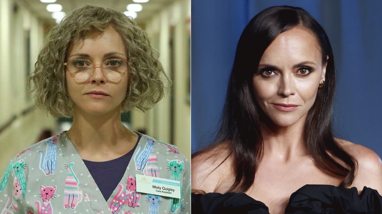 Fotos una al lado de la otra de Christina Ricci como el personaje de Yellowjackets (izquierda) y como ella misma en la alfombra roja (derecha)