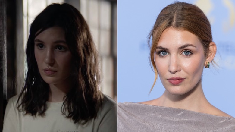 Fotos una al lado de la otra de Sophie Nélisse como su personaje de Yellowjackets (izquierda) y como ella misma en la alfombra roja (derecha)
